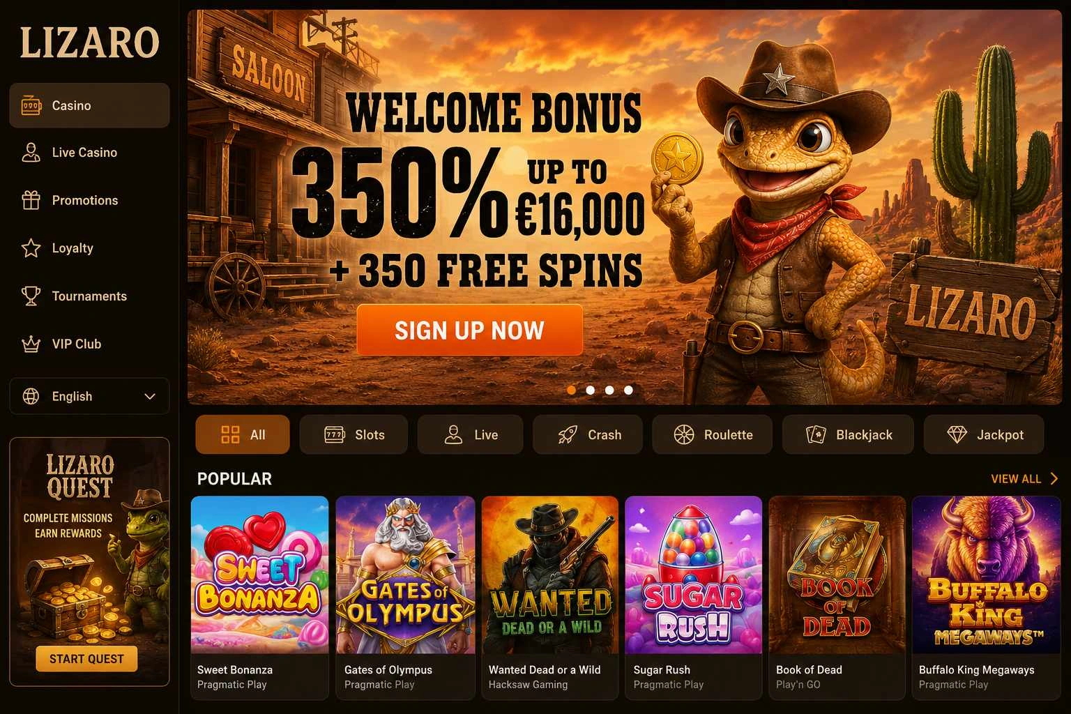 Lizaro 350% welcome bonus and 350 free spins – non GamStop UK casinos with bonus